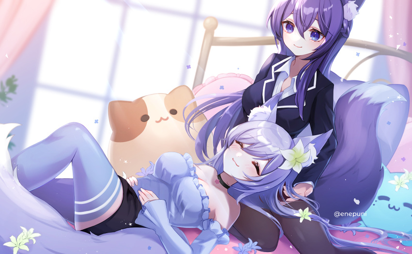 2girls :d ^_^ animal_ear_fluff animal_ears artist_name backlighting black_jacket blue_thighhighs breasts closed_eyes detached_sleeves eneru_(enepuni) flower fox_ears fox_tail frills hair_between_eyes hair_flower hair_ornament head_rest highres indie_virtual_youtuber jacket kaioura large_breasts light_purple_hair long_hair long_sleeves lying lying_on_lap lying_on_person multiple_girls off_shoulder pillow purple_eyes purple_hair shimakaze_(vtuber) sitting smile stuffed_toy swept_bangs tail thighhighs twitter_username virtual_youtuber window