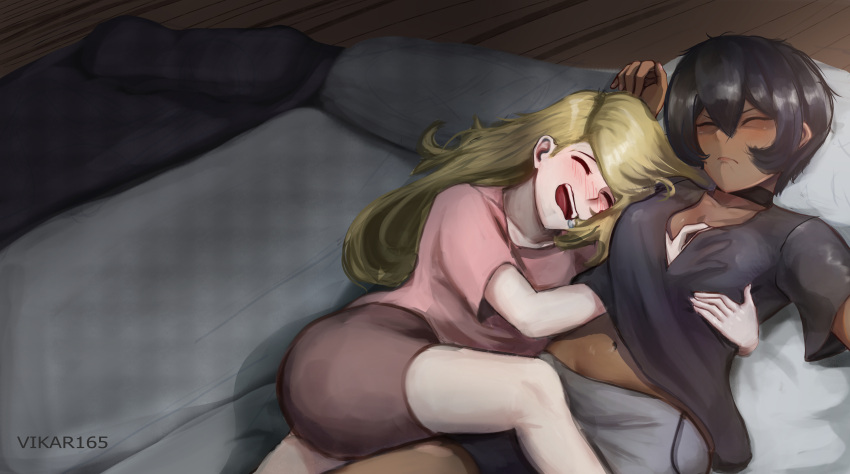 2girls absurdres artist_name black_hair black_shirt blonde_hair blush breasts choker dark-skinned_female dark_skin drooling futon grey_shorts groping hair_between_eyes highres interracial long_hair medium_breasts midriff multiple_girls navel original pink_shirt pink_shorts shirt short_hair shorts sleep_molestation sleeping teeth tongue vikar wooden_floor yuri