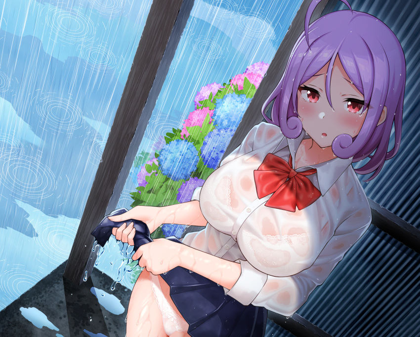 bow bow_panties bra bra_visible_through_clothes breasts curly_hair dutch_angle female flower hair_between_eyes highres inagita indie_virtual_youtuber lace-trimmed_bra lace_trim large_breasts looking_at_viewer mikado_momo miniskirt panties parted_bangs pleated_skirt purple_hair rain red_bow red_eyes school_uniform see-through shirt short_hair skirt solo underwear virtual_youtuber water wet wet_clothes wet_hair wet_shirt wet_skirt white_bra white_panties wringing_clothes wringing_skirt