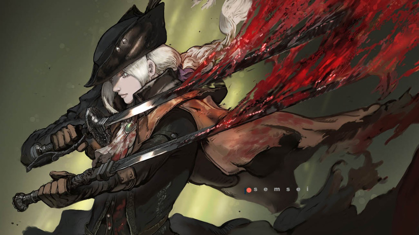 artist_name ascot black_coat black_hat blood blood_on_clothes blood_on_weapon bloodborne blue_eyes brooch brown_gloves capelet closed_mouth coat david_semsei dual_wielding english_commentary female gloves green_background hands_up hat hat_feather holding holding_sword holding_weapon jewelry lady_maria_of_the_astral_clocktower long_coat long_hair long_sleeves looking_away low_ponytail ponytail rakuyo_(bloodborne) red_capelet solo sword tricorne upper_body watermark weapon white_ascot white_hair