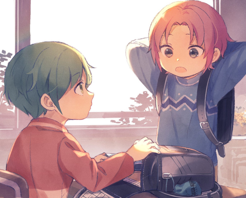 2boys arms_behind_head arms_up backpack bag blue_sweater chair classroom day desk green_eyes green_hair grey_eyes indoors konno_tamao lolicon long_sleeves male_focus multiple_boys oekk_3 open_mouth parted_bangs pouch profile randoseru red_hair red_sweater school_chair school_desk short_hair sitting standing sweater talking tokimeki_memorial tokimeki_memorial_girl's_side tsukushi_(tokimemo_gs) window