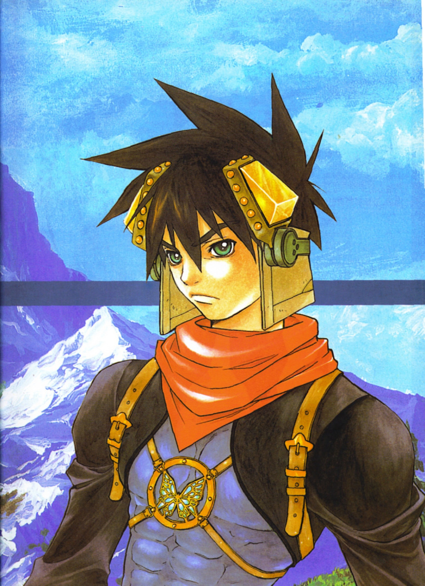 1boy grandia grandia_ii highres kanoe_youshi male_focus mountain official_art ryudo_(grandia) scan solo