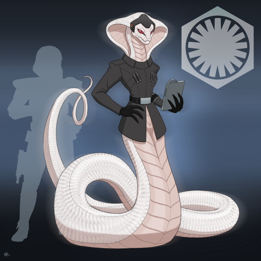 1:1 2021 albino anthro apode belly_scales clothed clothing cobra draconcopode female first_order grey_clothing hi_res legless naga red_eyes reptile scales scalie serpentine snake snake_hood snout solo standing star_wars symbol tail thegrafittisoul viper_(x-com) vsil_kyros white_body white_scales x-com