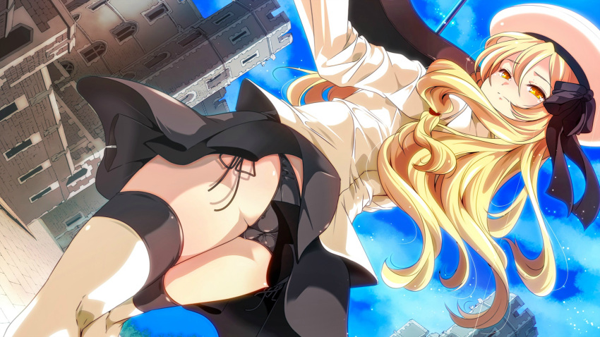 ass black_panties black_ribbon black_skirt blonde_hair blue_sky closed_mouth day dutch_angle female floating_hair game_cg hat hat_ribbon highres instrument long_hair long_sleeves looking_back midori_(x-overd) music outdoors panties playing_instrument ribbon shirt side-tie_panties skirt sky solo standing thighhighs underwear very_long_hair violin white_hat white_shirt white_thighhighs x-overd yellow_eyes