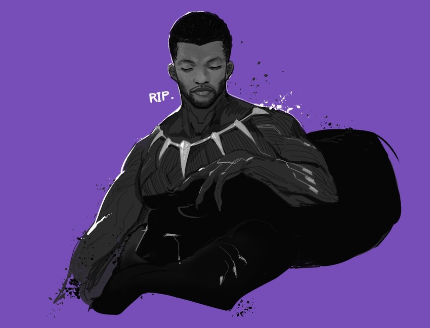 1boy animal black_fur black_hair black_panther black_panther_(film) black_panther_(marvel) black_suit bodysuit chadwick_boseman closed_eyes commentary crying dark-skinned_male dark_skin facial_hair formal grey_bodysuit greyscale_with_colored_background hong_doo male_focus marvel marvel_cinematic_universe monochrome petting purple_background real_life rest_in_peace_(phrase) suit superhero_costume symbol-only_commentary t'challa very_dark_skin