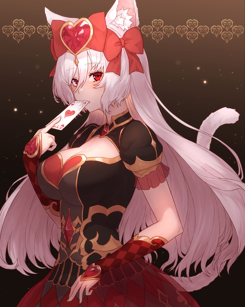 absurdres animal_ear_fluff animal_ears black_dress bow bracer breasts cat_ears cat_girl cat_tail cleavage dress female grey_hair hair_between_eyes hairbow highres king's_raid kirze large_breasts long_hair looking_at_viewer puffy_short_sleeves puffy_sleeves red_bow red_eyes short_sleeves solo tail yu_mochi_(kamiinu)