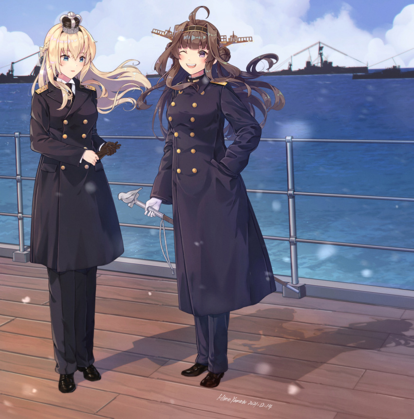 2girls ahoge alternate_costume battleship black_coat black_footwear black_headwear black_pants blonde_hair blue_eyes blue_sky box brown_gloves brown_hair cane cloud coat crown day detached_sleeves double_bun full_body gloves hair_bun hat headgear highres himeyamato hms_dreadnought holding holding_cane holding_clothes holding_gloves kantai_collection kongou_(kancolle) kongou_kai_ni_(kancolle) long_hair long_sleeves medium_hair military military_uniform military_vehicle mini_crown multiple_girls ocean one_eye_closed outdoors pants purple_eyes royal_navy ship shoes sky snowing uniform unworn_gloves warship warspite_(kancolle) watercraft white_gloves