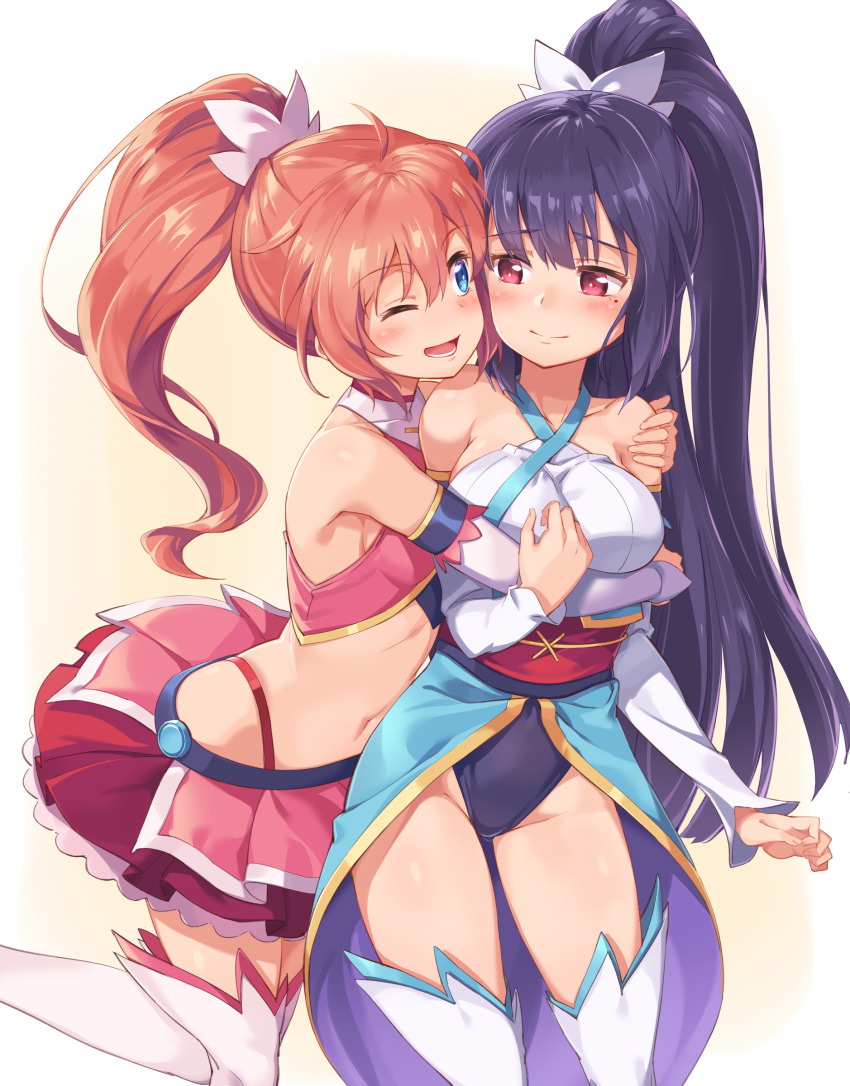 2girls ;d absurdres amatsuki_meguru angel_rose angel_sapphire bare_shoulders black_hair blue_eyes blush boots breasts collarbone commentary_request covered_navel hand_on_another's_shoulder highres hug japanese_clothes kisaragi_sumire leotard long_hair looking_at_another magical_girl medium_breasts michairu mole mole_under_eye multiple_girls navel obi one_eye_closed open_mouth pink_skirt red_eyes red_hair red_skirt sash skirt smile standing thigh_boots thighhighs twin_angel twin_angel_break very_long_hair white_footwear yellow_background