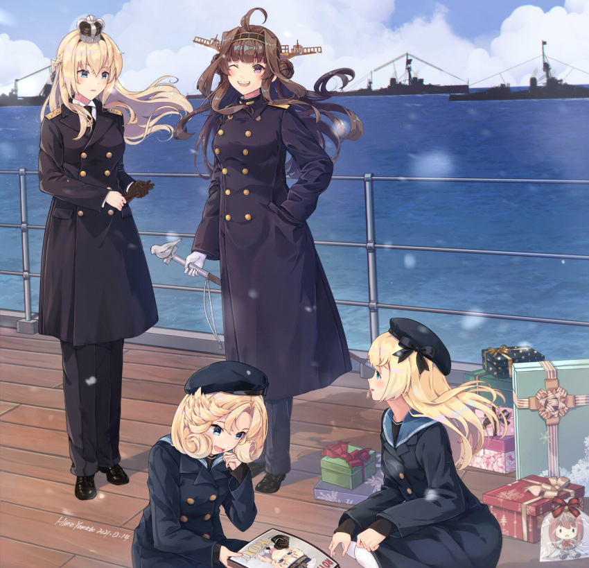 4girls ahoge alternate_costume ark_royal_(kancolle) battleship black_coat black_footwear black_headwear black_pants blonde_hair blue_eyes blue_sky box brown_gloves brown_hair cane character_doll cloud coat crown day detached_sleeves double_bun gift gift_box gloves hair_bun hat headgear highres himeyamato hms_dreadnought holding holding_cane holding_clothes holding_gloves janus_(kancolle) jervis_(kancolle) kantai_collection kongou_(kancolle) kongou_kai_ni_(kancolle) long_hair long_sleeves medium_hair military military_uniform military_vehicle mini_crown multiple_girls ocean one_eye_closed outdoors pants purple_eyes royal_navy sailor_hat ship shoes sky snowing uniform unworn_gloves warship warspite_(kancolle) watercraft white_gloves