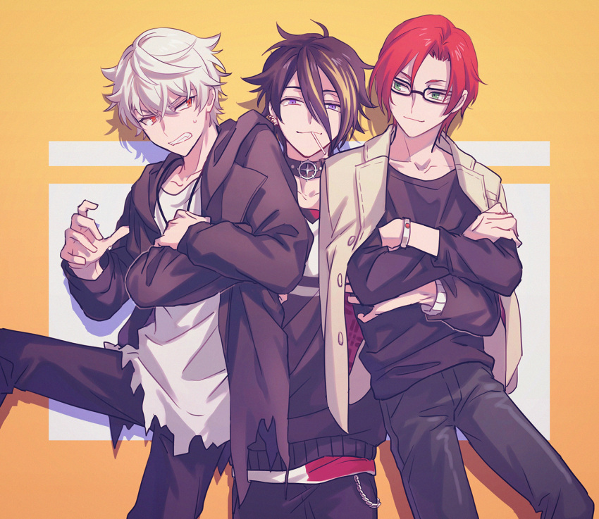 3boys akebono_ryo asahi_nayuta black_hair blonde_hair choker commentary_request cowboy_shot crossed_arms from_argonavis highres himishiro hug jacket jacket_on_shoulders male_focus md5_mismatch multicolored_hair multiple_boys red_hair satozuka_kenta shirt streaked_hair torn_clothes torn_shirt white_hair yellow_background