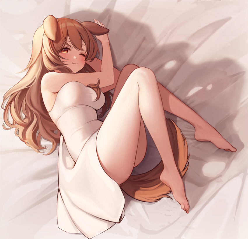 animal_humanoid barefoot bed bed_sheet bedding blush brown_eyes brown_hair canid canid_humanoid canine canine_humanoid clothed clothing dog_humanoid dog_tail dress feet female furniture hair hi_res hololive humanoid inugami_korone long_hair looking_at_viewer lying mammal mammal_humanoid on_bed one_eye_closed onini smile solo vtuber white_clothing white_dress