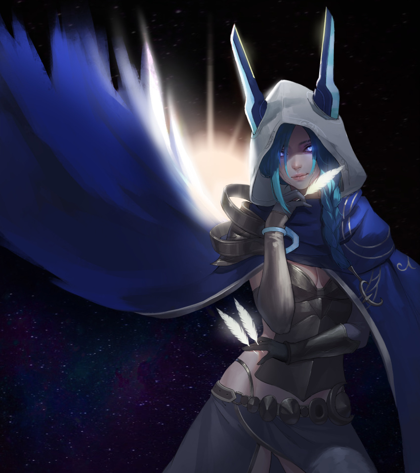 absurdres armor blue_cape blue_eyes bracelet braid breasts cape cleavage closed_mouth cosmic_dusk_xayah feathers female galaxy gg_amang gloves glowing glowing_eyes grey_gloves highres holding holding_feather hood hood_up jewelry league_of_legends long_hair pauldrons photoshop_(medium) pink_lips shoulder_armor smile solo star_(symbol) sun vambraces xayah