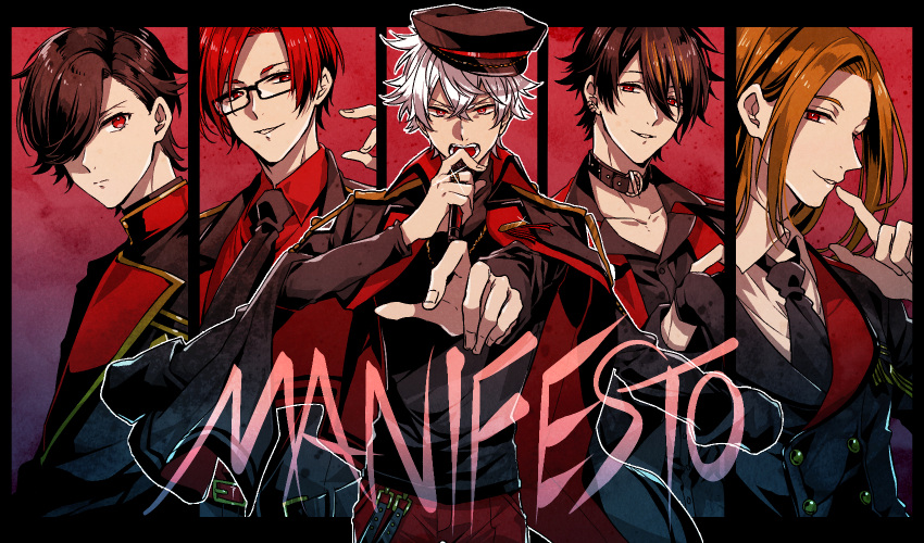 5boys akebono_ryo asahi_nayuta black_hair blonde_hair choker collared_shirt column_lineup commentary_request from_argonavis glasses gyroaxia hat highres jacket jacket_on_shoulders kushidori2 long_hair male_focus md5_mismatch microphone misono_reon multiple_boys necktie outstretched_hand red_eyes red_hair sakaigawa_miyuki satozuka_kenta shirt song_name upper_body white_hair