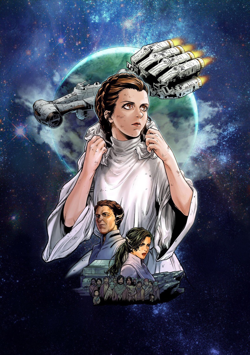 6+boys 6+girls alderaan alien animification braid brown_eyes brown_hair commentary_request cr-90_corvette crowd crown_braid dirty green_hair haruichi_(haruichithm) headphones highres looking_down multiple_boys multiple_girls official_art open_mouth planet ponytail princess_leia_organa_solo rebel_alliance ress_batten science_fiction space spacecraft star_wars star_wars:_leia_princess_of_alderaan tied_hair