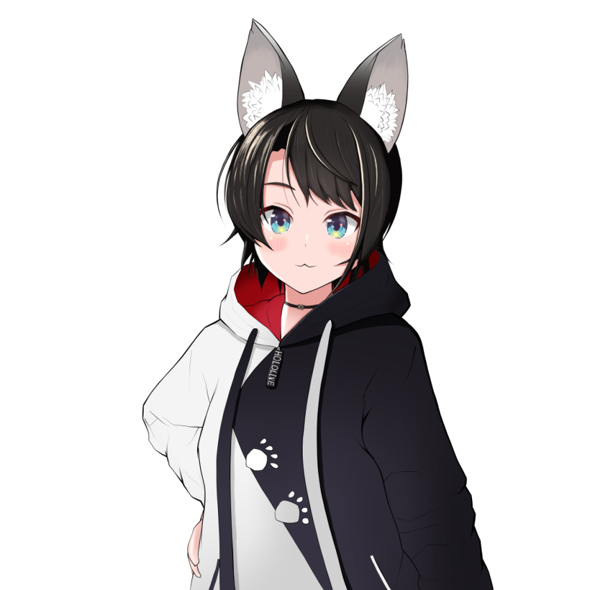 :3 animal_ear_fluff animal_ears aqua_eyes black_choker black_hair black_hoodie blue_eyes blush choker commentary_request cosplay female hand_on_own_hip hololive hood hoodie looking_at_viewer ookami_mio ookami_mio_(casual) ookami_mio_(cosplay) oozora_subaru partial_commentary paw_print paw_print_pattern puchi_(putiputimura) short_hair simple_background solo swept_bangs two-tone_hoodie virtual_youtuber white_background white_hoodie wolf_ears wolf_girl