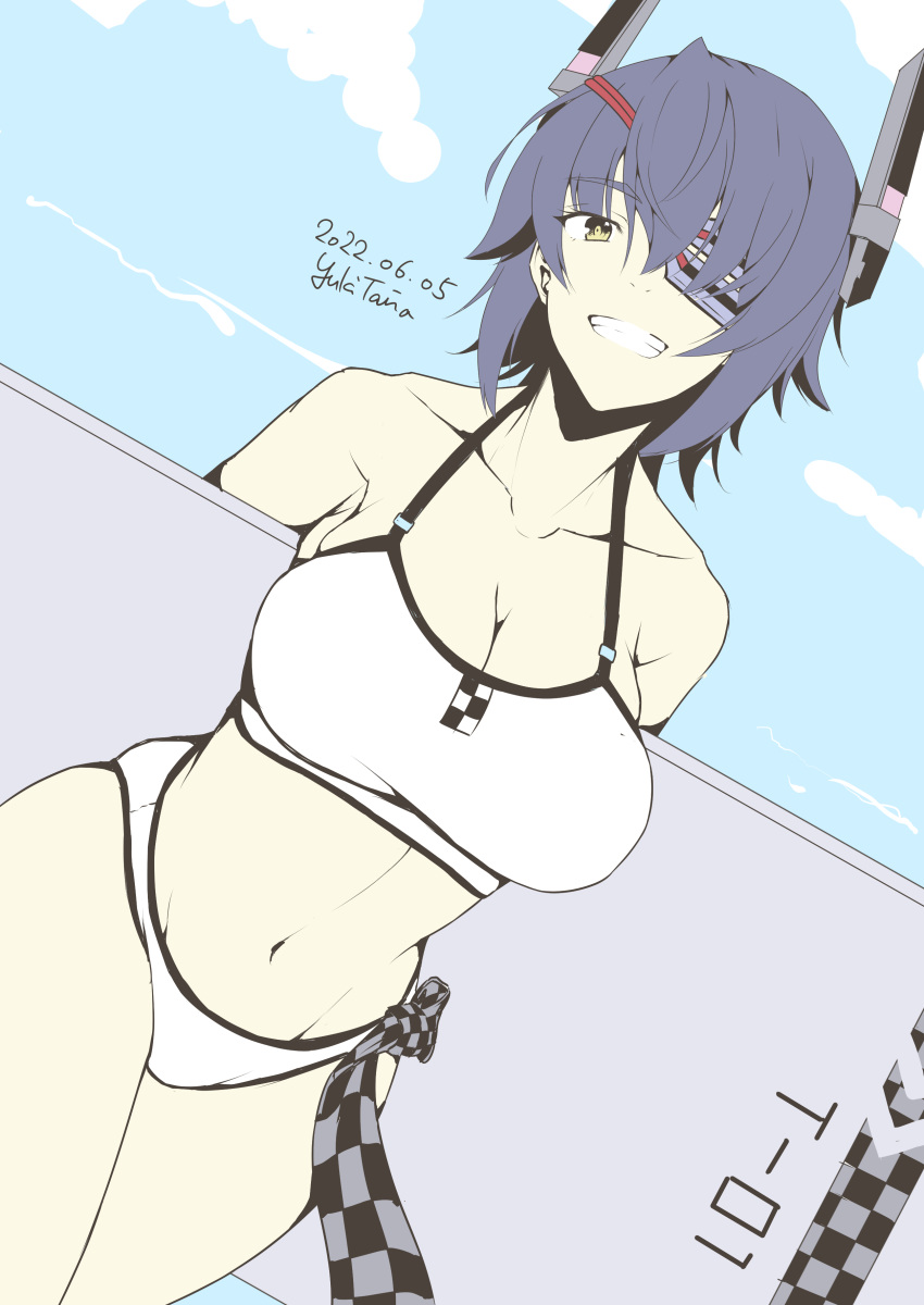 absurdres alternate_costume arms_behind_back artist_name bikini breasts checkered cleavage collarbone commentary_request dated eyepatch female flat_color grin headgear highres holding holding_surfboard kantai_collection large_breasts limited_palette looking_at_viewer navel official_alternate_costume outdoors purple_hair short_hair sky smile solo surfboard swimsuit taira_yuuki tenryuu_(kancolle) tenryuu_(swimsuit_mode)_(kancolle) yellow_eyes