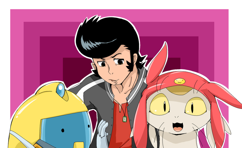 2014 betelgeusian dandy_(space_dandy) doneru geometric_background group hi_res human machine mammal meow_(space_dandy) open_mouth qt_(space_dandy) robot simple_background space_dandy trio