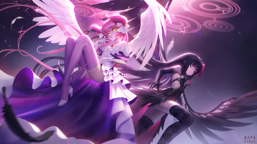 2girls absurdly_long_hair akemi_homura akuma_homura argyle argyle_legwear bangs bare_shoulders black_dress black_gloves black_hair black_wings blurry blurry_foreground bow choker dress elbow_gloves feathered_wings feathers gloves hairbow high_heels highres kaname_madoka layered_dress long_hair magical_girl mahou_shoujo_madoka_magica mahou_shoujo_madoka_magica_movie multiple_girls pink_hair pink_wings red_eyes sarena swept_bangs thighhighs two_side_up ultimate_madoka very_long_hair white_bow white_choker white_dress white_gloves wings yellow_eyes