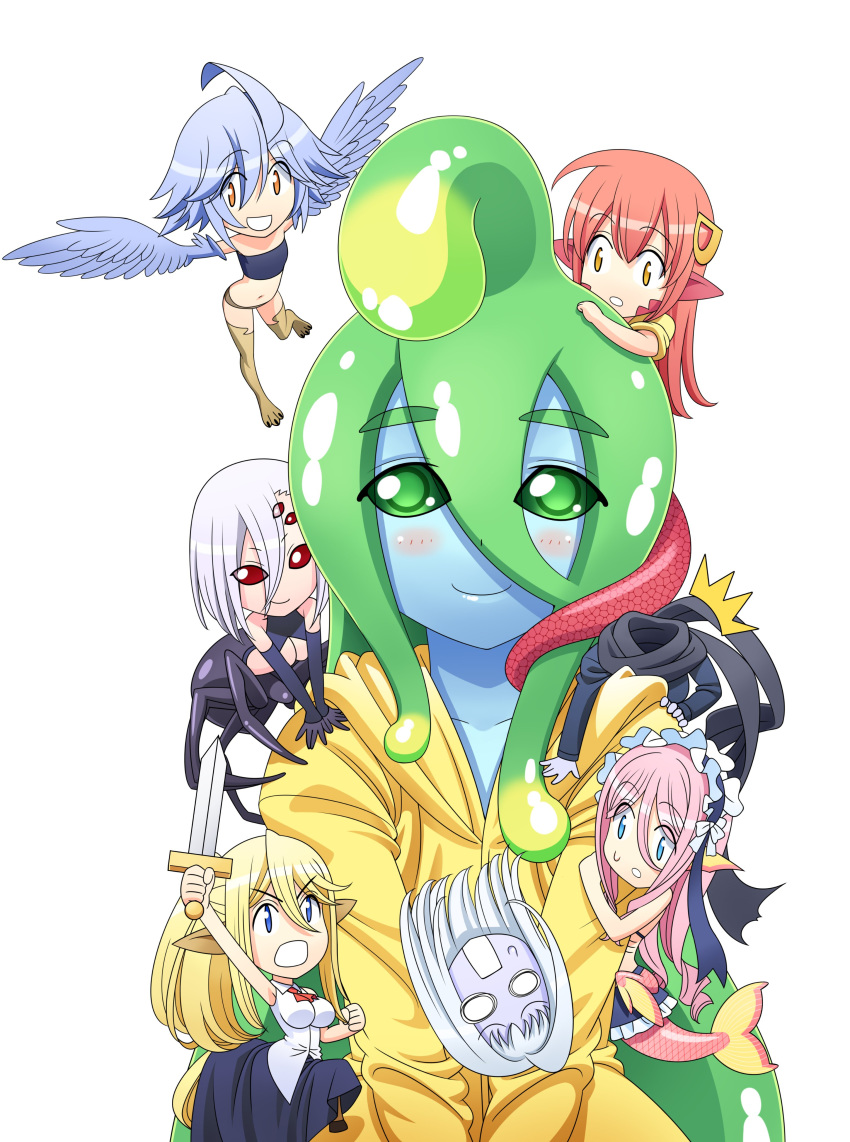 6+girls :d absurdres ahoge animal_ears arachne arthropod_girl blank_eyes blonde_hair blue_eyes blue_hair blue_skin blue_wings blush_stickers breasts centaur centorea_shianus chibi cleavage closed_mouth colored_skin commentary_request disembodied_head dullahan extra_eyes feathered_wings fins green_eyes green_hair hair_between_eyes hair_ornament harpy head_fins highres holding holding_sword holding_weapon horse_ears huge_ahoge kneeless_mermaid lala_(monster_musume) lamia large_breasts long_hair long_hair_between_eyes looking_at_viewer mermaid meroune_lorelei miia_(monster_musume) monster_girl monster_musume_no_iru_nichijou multiple_girls official_art okayado open_mouth orange_eyes papi_(monster_musume) pink_hair pointy_ears ponytail rachnera_arachnera red_eyes red_hair short_hair simple_background slime_girl smile spider_girl suu_(monster_musume) sword taur weapon white_background white_hair winged_arms wings yellow_eyes