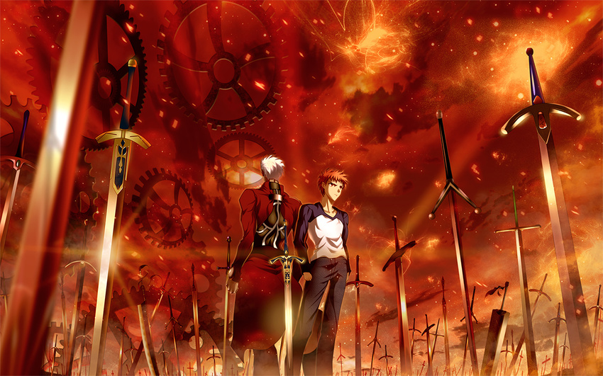 2boys archer_(fate) berserk bleach caliburn_(fate) claymore_(sword) commentary_request dragonslayer_(sword) emiya_shirou excalibur_(fate/stay_night) fate/stay_night fate_(series) field_of_blades gears male_focus multiple_boys multiple_swords multiple_weapons orange_hair photoshop_(medium) raglan_sleeves skyt2 sword unlimited_blade_works_(fate) weapon white_hair zangetsu_(bleach)