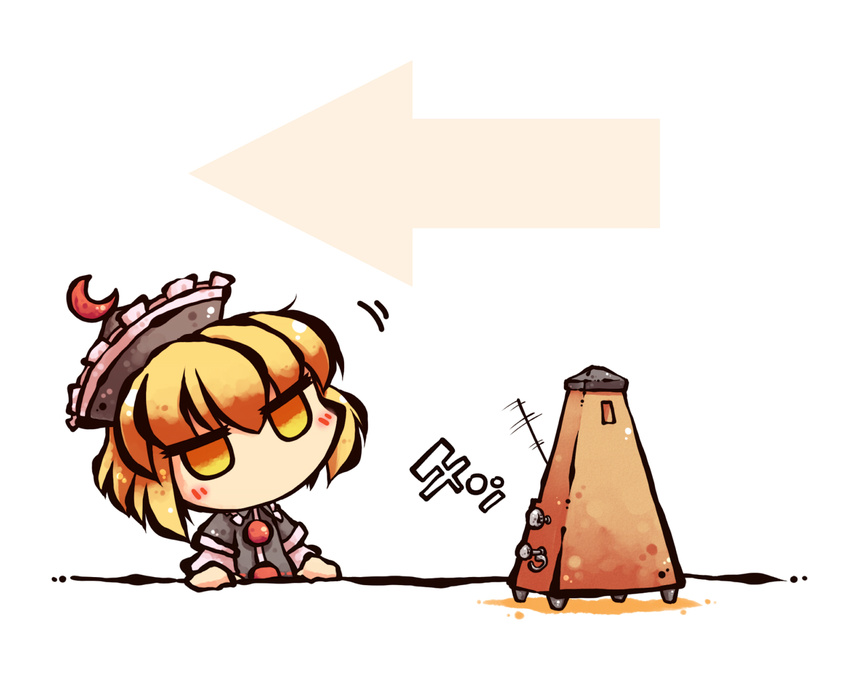 ... arrow_(symbol) blonde_hair chibi commentary_request crescent expressionless female hat head_tilt jitome lunasa_prismriver metronome motion_lines okome_(kome_kuma) simple_background solo touhou yellow_eyes