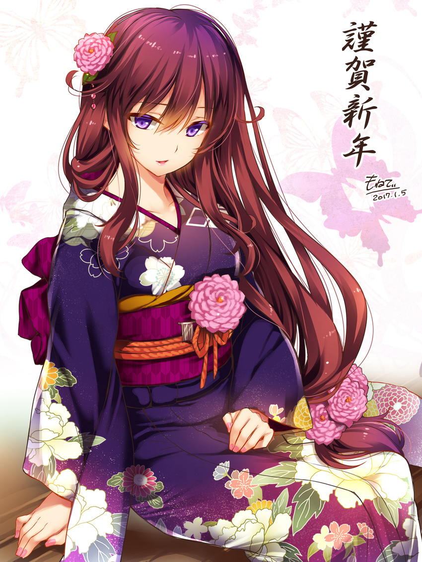 2017 alternate_costume arm_support artist_name brown_hair cherry_blossom_print chrysanthemum_print commentary_request dahlia dahlia_(flower_knight_girl) dated female floral_print flower flower_knight_girl from_side gradient_hair hair_between_eyes hair_flower hair_ornament hand_on_lap highres japanese_clothes kimono long_hair long_sleeves looking_at_viewer looking_to_the_side low-tied_long_hair monety multicolored_hair nail_polish name_connection new_year obi object_namesake parted_lips peony_print photoshop_(medium) pink_flower pink_nails purple_eyes sash sidelocks signature sitting smile solo translated very_long_hair wide_sleeves