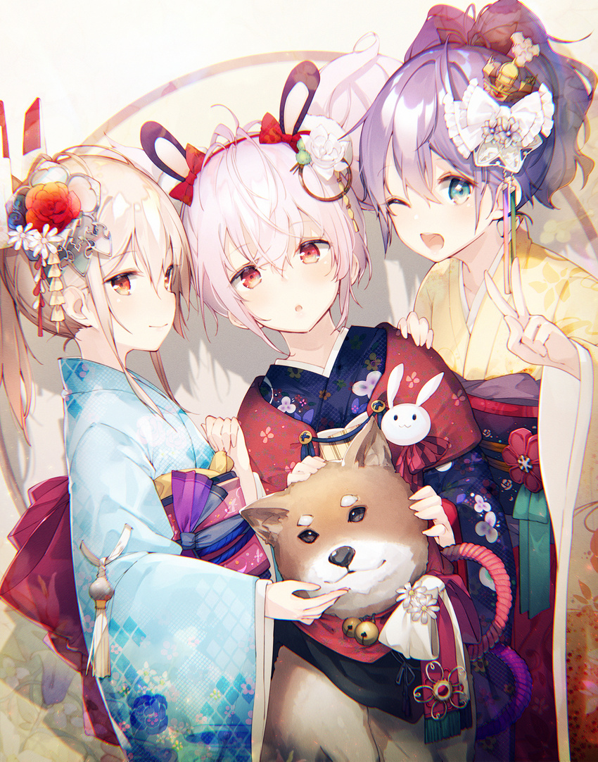 3girls :d :o ayanami_(azur_lane) azur_lane blue_eyes blush brown_eyes canine commentary_request dutch_angle flower hair_ornament hand_on_another's_shoulder highres japanese_clothes javelin_(azur_lane) kanzashi kimono laffey_(azur_lane) laffey_(snow_rabbit_and_candy_apple)_(azur_lane) long_hair looking_at_viewer multiple_girls obi official_alternate_costume one_eye_closed open_mouth ponytail purple_hair sash short_hair sidelocks smile victory white_hair wide_sleeves yatsuha_(hachiyoh)