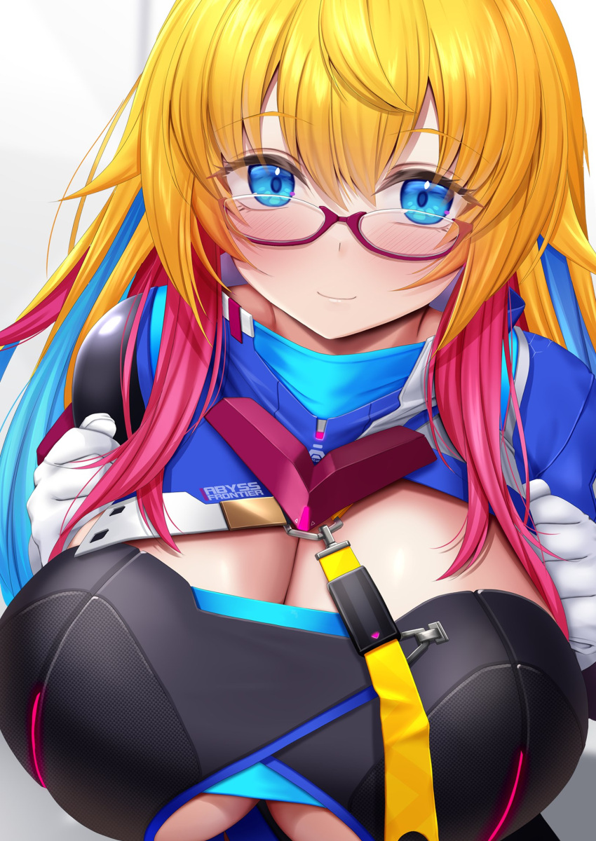 blonde_hair blue_eyes blue_hair blush breasts cleavage female glasses gloves highres huge_breasts indie_virtual_youtuber long_hair looking_at_viewer multicolored_hair red-framed_eyewear red_hair relkal_stlife semi-rimless_eyewear smile solo strelka_belca under-rim_eyewear underboob upper_body virtual_youtuber white_gloves