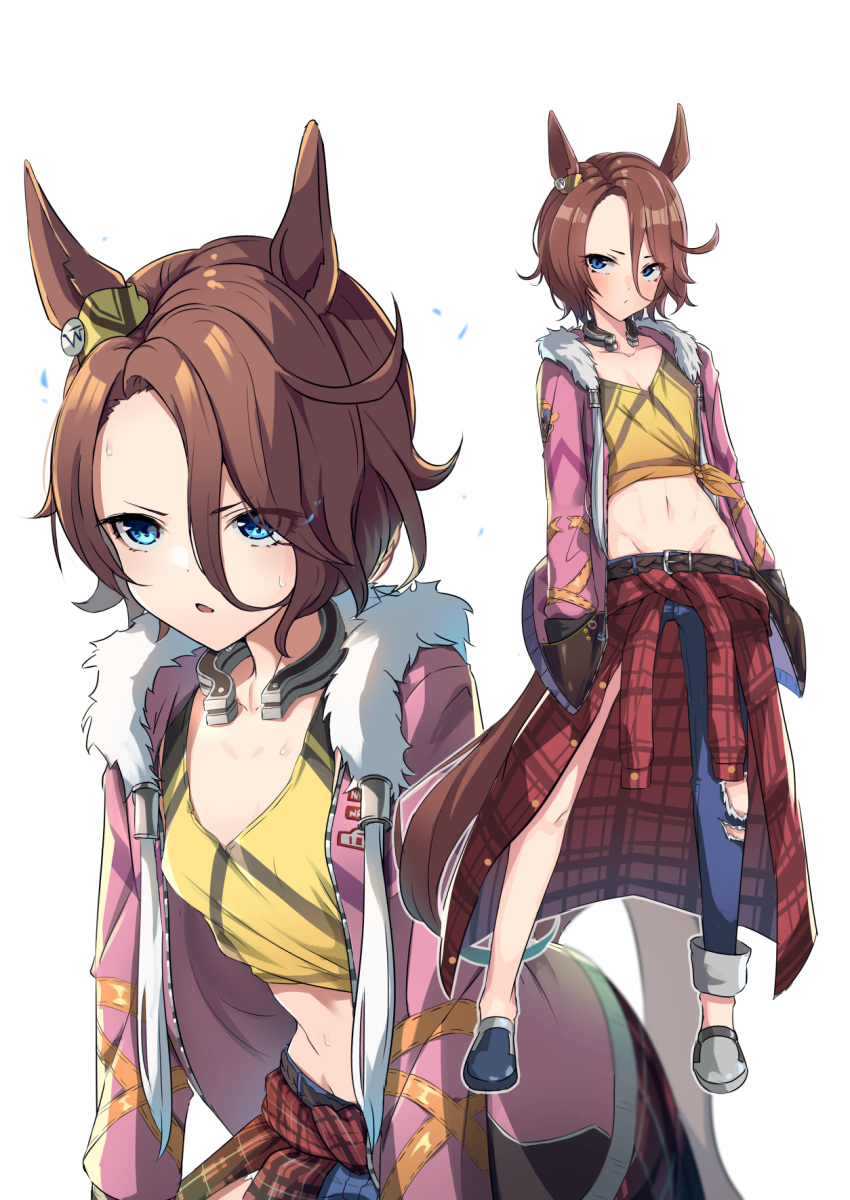 alternate_costume animal_ears asymmetrical_footwear asymmetrical_pants belt blue_eyes blush breasts clothes_around_waist collarbone commentary_request cowboy_shot crop_top denim female forehead full_body fur_trim groin hair_between_eyes hair_over_one_eye hands_in_pockets highres horse_ears horse_girl horse_tail horseshoe jacket jacket_around_waist jeans leaning_forward lowleg maza_kisuke midriff mismatched_footwear multiple_views narita_taishin_(umamusume) navel open_mouth pants pink_jacket plaid plaid_jacket shirt simple_background small_breasts sweatdrop swept_bangs tail tank_top tied_shirt umamusume white_background yellow_tank_top