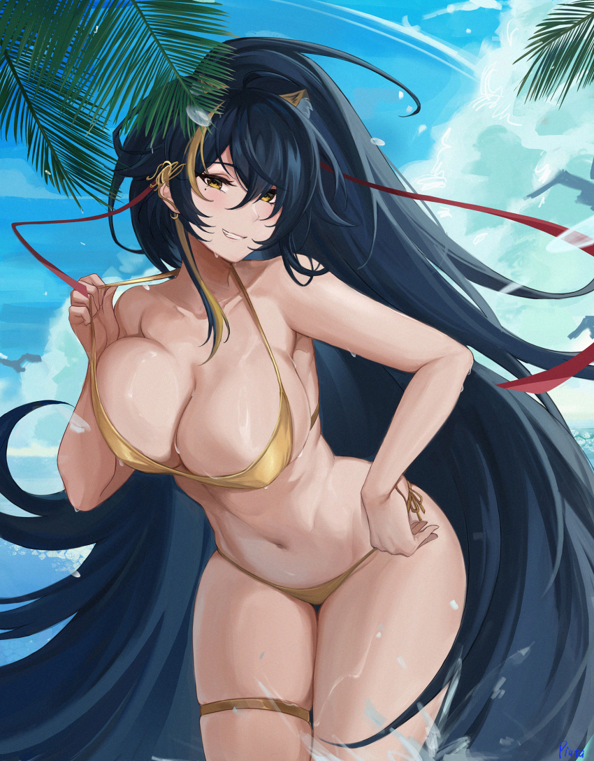 absurdly_long_hair animal_ear_fluff animal_ears azur_lane bad_id bad_pixiv_id bare_shoulders bikini black_hair blue_sky breasts chinese_commentary cloud collarbone commentary_request day female gold_bikini grin hair_between_eyes hand_on_own_hip harbin_(azur_lane) harbin_(union_between_sea_and_sky)_(azur_lane) highres large_breasts leaning_forward long_hair looking_at_viewer mole mole_under_eye multicolored_hair navel official_alternate_costume outdoors partial_commentary piuta ponytail pulling_own_clothes side-tie_bikini_bottom sky smile solo strap_pull streaked_hair swimsuit thigh_strap thighs very_long_hair wet yellow_eyes