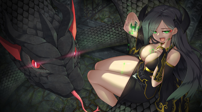 :d animal arm_up artemisia_(flower_knight_girl) bare_shoulders black_dress black_hair breasts bridal_gauntlets cape cleavage cleavage_cutout clothing_cutout commentary_request cup dress eyes_visible_through_hair fangs female flower_knight_girl from_above glowing glowing_eyes green_eyes green_nails highres holding holding_cup horns large_breasts long_hair looking_at_viewer looking_up mizunashi_(second_run) nail_polish parted_bangs red_eyes single_bridal_gauntlet sitting smile snake solo very_long_hair