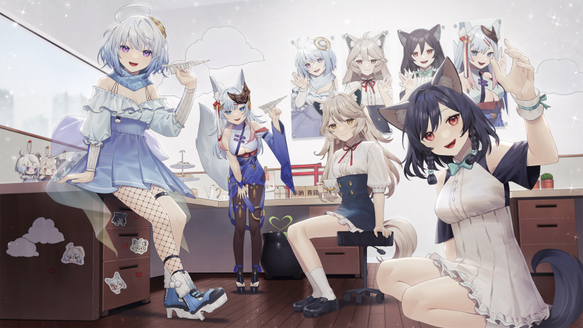 4girls :d ahoge animal_ear_fluff animal_ears bad_id black_hair blue_bow blue_bowtie blue_eyes blue_footwear blue_hair blue_scarf blue_skirt boots bow bowtie breasts brown_legwear cactus character_doll chinese_commentary cleavage closed_mouth cloud_horizon commentary_request cup desk fishnet_pantyhose fishnets fox_ears fox_girl fox_tail frilled_skirt frilled_sleeves frills high-waist_skirt high_heel_boots high_heels highres holding holding_cup holding_paper_airplane kamiina_haruhi large_breasts layered_sleeves leaning_forward light_brown_hair lily_linglan long_hair long_sleeves margaret_(vtuber) multicolored_hair multiple_girls neck_ribbon off-shoulder_shirt off_shoulder pantyhose paper_airplane plant pleated_skirt poster_(object) potted_plant puffy_short_sleeves puffy_sleeves purple_eyes red_eyes red_ribbon ribbon scarf second-party_source shirt short_hair short_sleeves single_leg_pantyhose sitting skirt smile squatting standing tail toeless_footwear two-tone_hair ubye virtual_youtuber wenz white_hair white_shirt white_skirt wrist_cuffs yellow_eyes