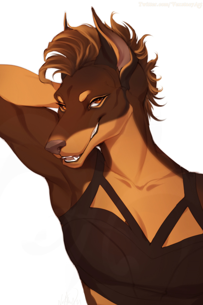 2022 2:3 anthro breasts brown_body brown_eyes brown_fur brown_hair brown_nose canid canine canis clothed clothing cropped_ears digital_media_(artwork) dobermann domestic_dog female fur hair hi_res looking_at_viewer mammal nuria_bernat open_mouth pinscher simple_background smile solo teeth tongue vexstacy white_background