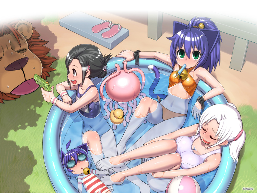 1boy 4girls animal_ears bare_shoulders bikini black_hair blush breasts cat_ears cleavage closed_eyes criss-cross_halter family flat_chest flip-flops food green_eyes hair_up halterneck hugging_own_legs knees_to_chest kyouran_kazoku_nikki large_breasts lion midarezaki_chika midarezaki_gekka midarezaki_kyouka midarezaki_teika midarezaki_yuuka mother_and_daughter mouth_hold multiple_girls navel one-piece_swimsuit orange_bikini photoshop_(medium) popsicle purple_hair reclining sandals school_swimsuit siblings sisters smile sweat sweatdrop swimsuit tentacle twintails wading_pool water_gun wet white_hair white_one-piece_swimsuit wristband x6suke