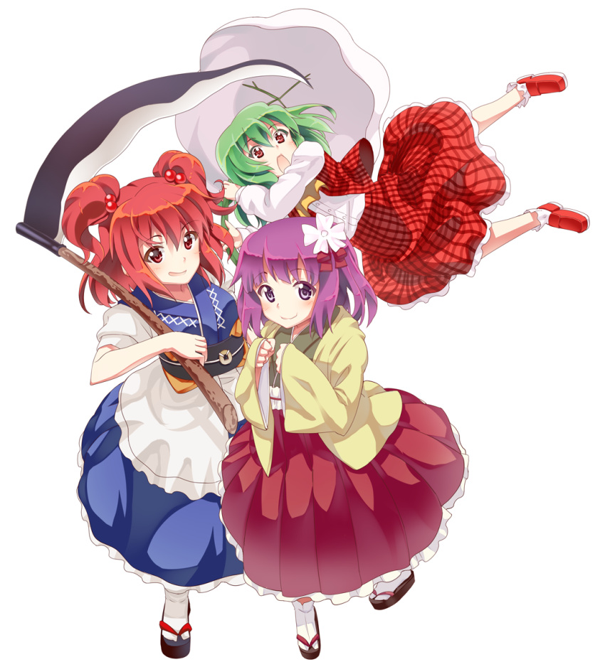 3girls ascot bad_id bad_pixiv_id blush boshi_(a-ieba) breasts coin flower green_hair hair_bobbles hair_flower hair_ornament hieda_no_akyuu highres japanese_clothes kazami_yuuka kimono medium_breasts multiple_girls obi onozuka_komachi open_mouth plaid plaid_vest purple_eyes purple_hair red_eyes red_hair sash scythe shirt short_hair simple_background skirt smile tabi touhou two_side_up umbrella vest white_background white_legwear