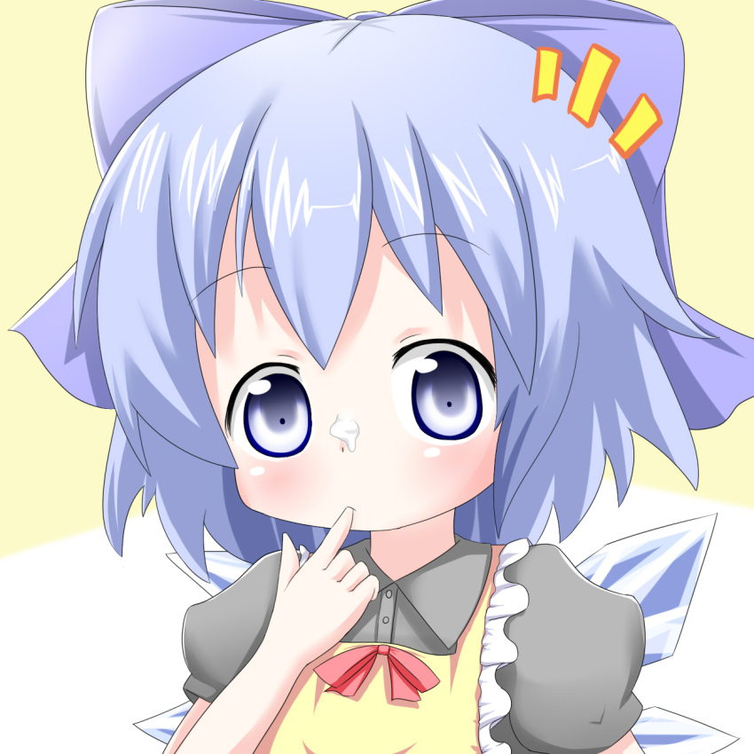 apron blue_eyes blue_hair blush bow cirno commentary_request female finger_in_own_mouth food food_on_face hairbow highres makuran shirt solo touhou upper_body wings