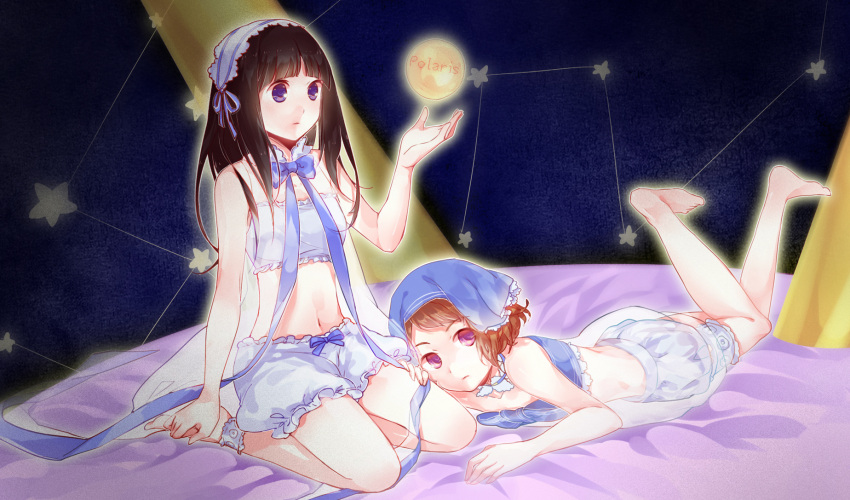 2girls barefoot baronet bed_sheet black_hair bloomers brown_hair chitanda_eru commentary_request constellation head_scarf headdress highres hyouka ibara_mayaka kneeling long_hair lying madoromi_no_yakusoku midriff multiple_girls navel nightgown on_stomach photoshop_(medium) purple_eyes short_hair underwear