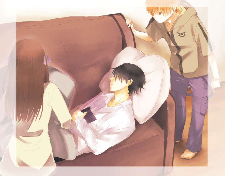 2boys black_hair book brown_hair closed_eyes female fruits_basket honda_tooru multiple_boys orange_eyes orange_hair pillow sleeping sohma_kyo sohma_shigure souma_kyou souma_shigure