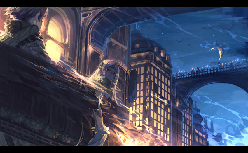 arch bridge brown_hair building commentary_request female from_below immersed letterboxed night night_sky photoshop_(medium) pixiv_fantasia pixiv_fantasia_sword_regalia purple_hair red_eyes scenery silverwing sky underwater water