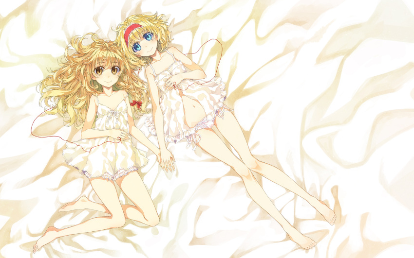 2girls alice_margatroid babydoll bare_legs bare_shoulders barefoot bed_sheet blonde_hair blue_eyes chemise commentary_request hairband hakui_ami highres holding_hands interlocked_fingers kirisame_marisa lingerie long_hair looking_at_viewer lying multiple_girls navel negligee on_back panties photoshop_(medium) short_hair side-tie_panties smile strap_slip string string_of_fate touhou underwear underwear_only white_panties yellow_eyes yuri