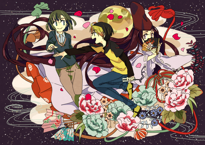 3boys black_hair blonde_hair board_game brown_hair commentary_request flower fujiwara_no_sai go_(board_game) green_hair hand_fan hari611 hat highres hikaru_no_go japanese_clothes long_hair multicolored_hair multiple_boys shindou_hikaru touya_akira very_long_hair