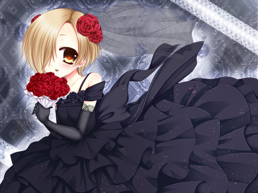 asazuki_kanai blonde_hair blush bouquet brown_eyes dress ear_piercing earrings elbow_gloves female flower frills gloves gothic_lolita hair_flower hair_ornament hair_over_one_eye highres idolmaster idolmaster_cinderella_girls japanese_clothes jewelry lolita_fashion open_mouth pale_skin piercing ribbon rose shirasaka_koume short_hair smile solo