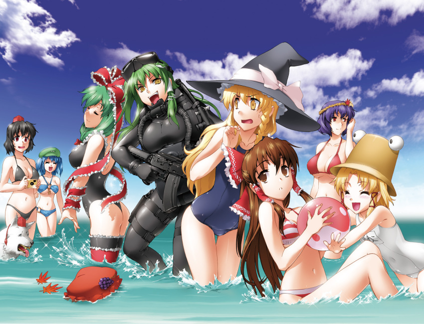 bikini byeontae_jagga gun hakurei_reimu kagiyama_hina kawashiro_nitori kirisame_marisa kochiya_sanae moriya_suwako shameimaru_aya swimsuits touhou yasaka_kanako