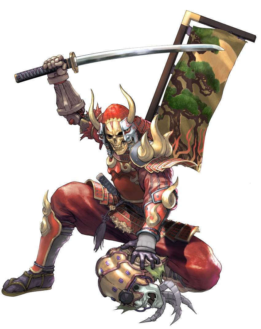 1boy absurdres armor bandai_namco banner greaves helmet highres katana kawano_takuji kneeling male male_focus mask namco_bandai ninja official_art samurai skull solo soul_calibur soul_calibur_v soulcalibur_v sword tabi weapon yoshimitsu