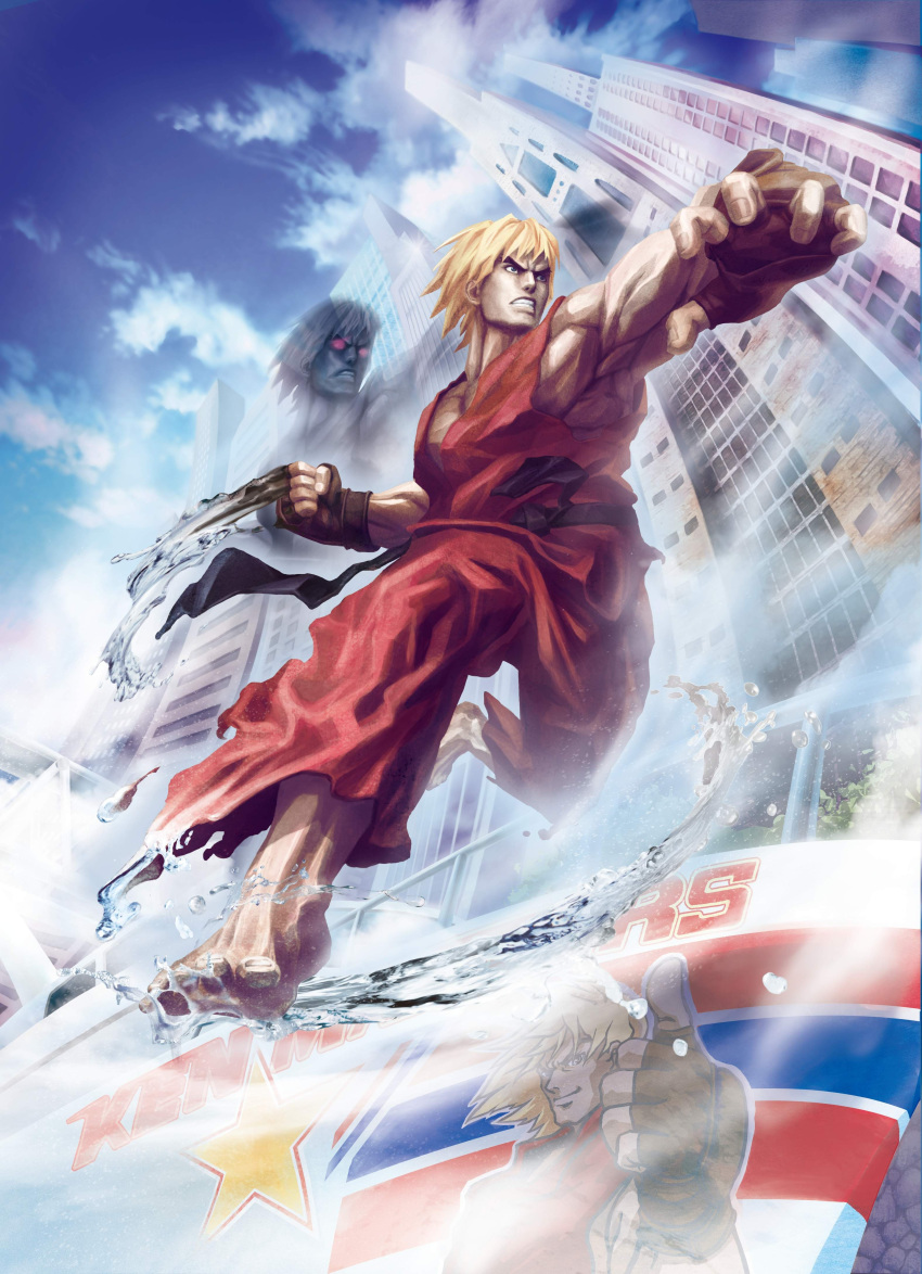 1boy absurdres armpits barefoot blonde_hair capcom fingerless_gloves gloves highres ken_masters male male_focus muscle official_art short_hair shoryuken shouryuuken solo street_fighter street_fighter_x_tekken uppercut