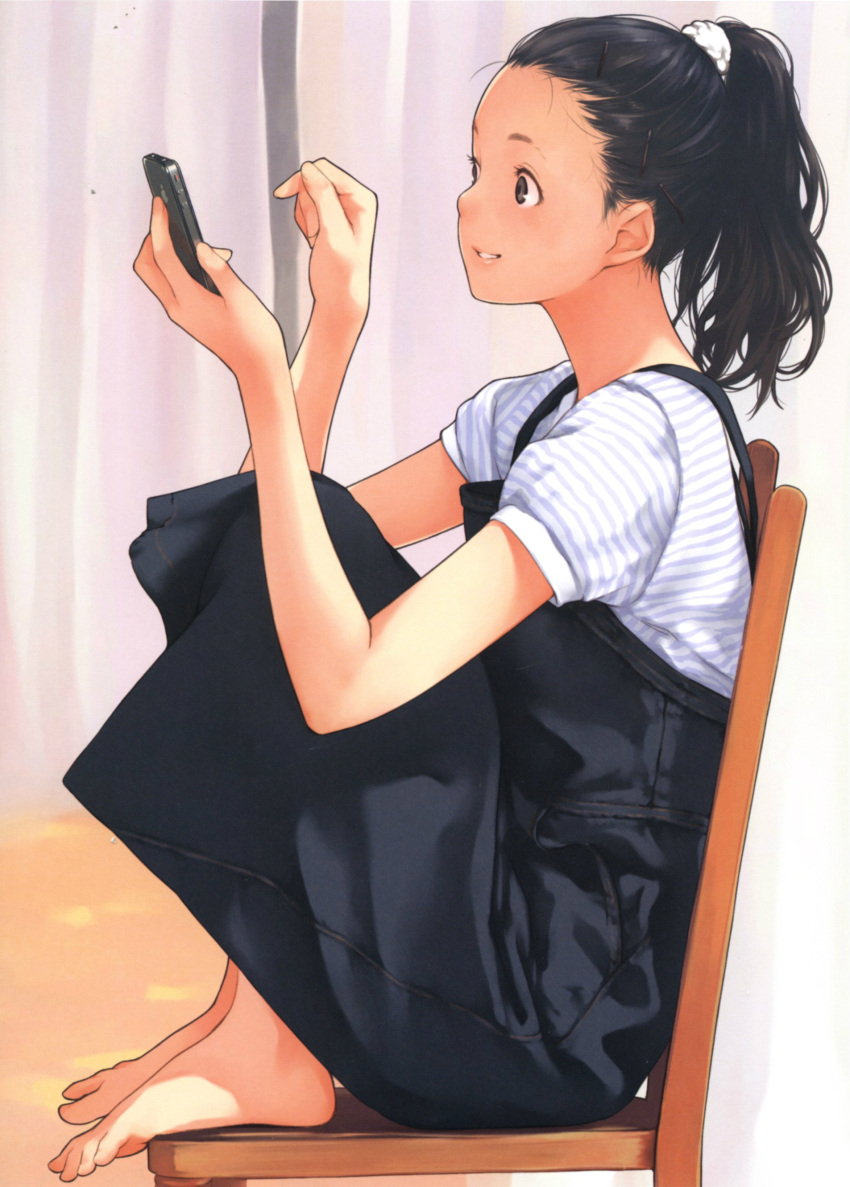 absurdres apple_inc. barefoot black_dress black_eyes black_hair bobby_pin cellphone chair curtains dress feet feet_on_chair female forehead from_side full_body hair_ornament hair_scrunchie hairclip highres holding holding_phone indoors iphone kamo_(gafas) knees_up long_hair looking_at_phone on_chair original parted_lips phone pinafore_dress ponytail profile scan scrunchie shirt short_sleeves sitting skirt sleeveless sleeveless_dress smartphone smile solo striped_clothes striped_shirt toes white_scrunchie white_shirt