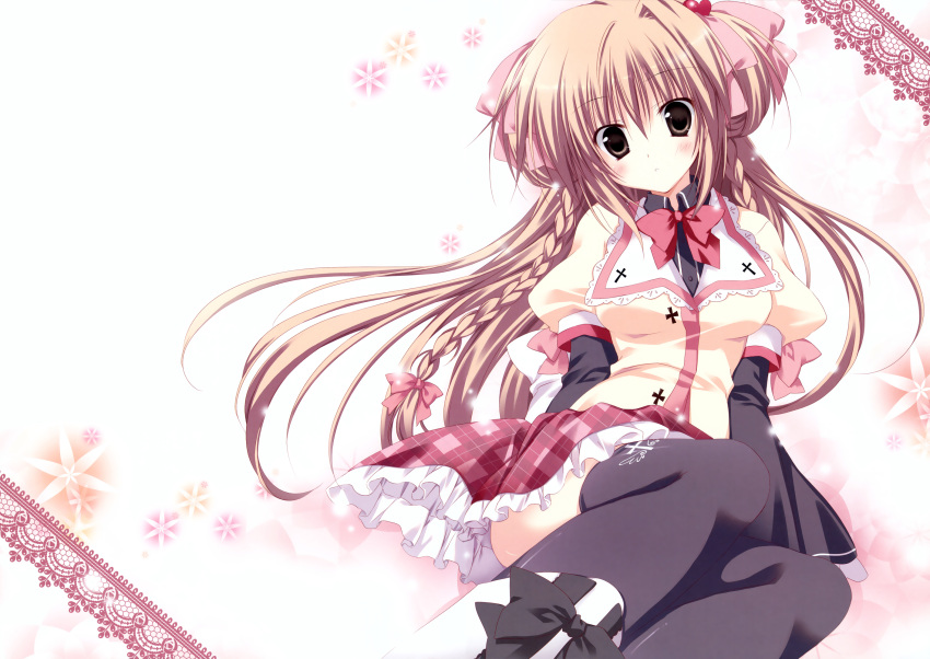 blush brown_hair gakuou konoe_akari korie_riko long_hair seifuku thighhighs