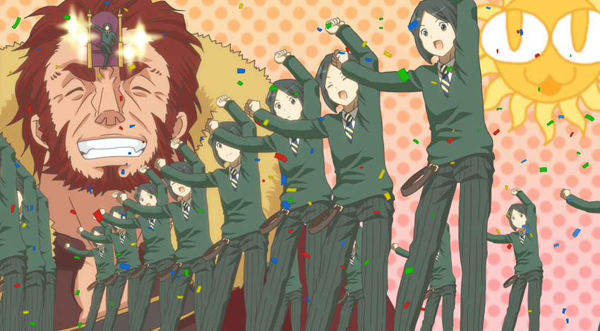 6+boys beard black_eyes black_hair carnival_phantasm clone commentary_request confetti dancing facial_hair fate/zero fate_(series) iskandar_(fate) kuru_ku male_focus multiple_boys parody red_hair sun super_affection waver_velvet