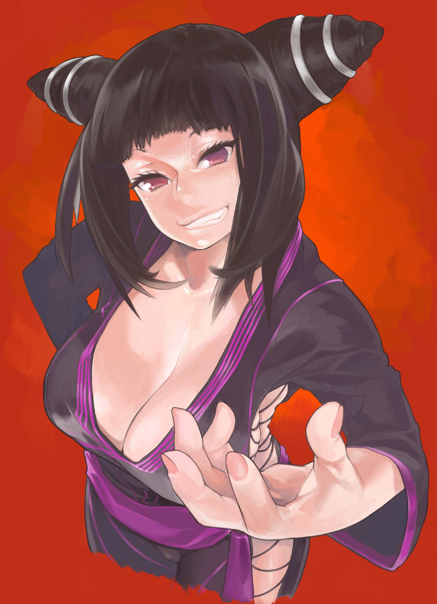 black_hair breasts cleavage commentary_request drill_hair female from_above grin hands head_tilt highres juri_han large_breasts megumi_yakiniku nail_polish official_alternate_costume outstretched_hand perspective photoshop_(medium) purple_eyes side_slit smile solo street_fighter street_fighter_iv_(series) twin_drills