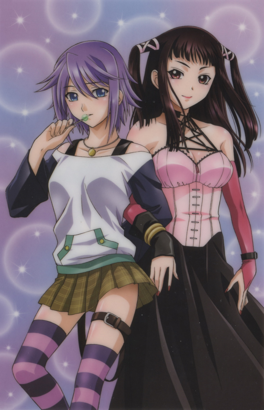 2girls blue_eyes brown_hair candy highres lollipop long_hair multiple_girls purple_hair red_eyes rosario+vampire shirayuki_mizore short_hair striped striped_legwear thigh_strap thighhighs toujou_ruby witch